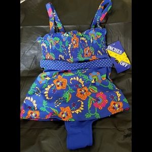 NWT Inches off smocked tankini top blue floral